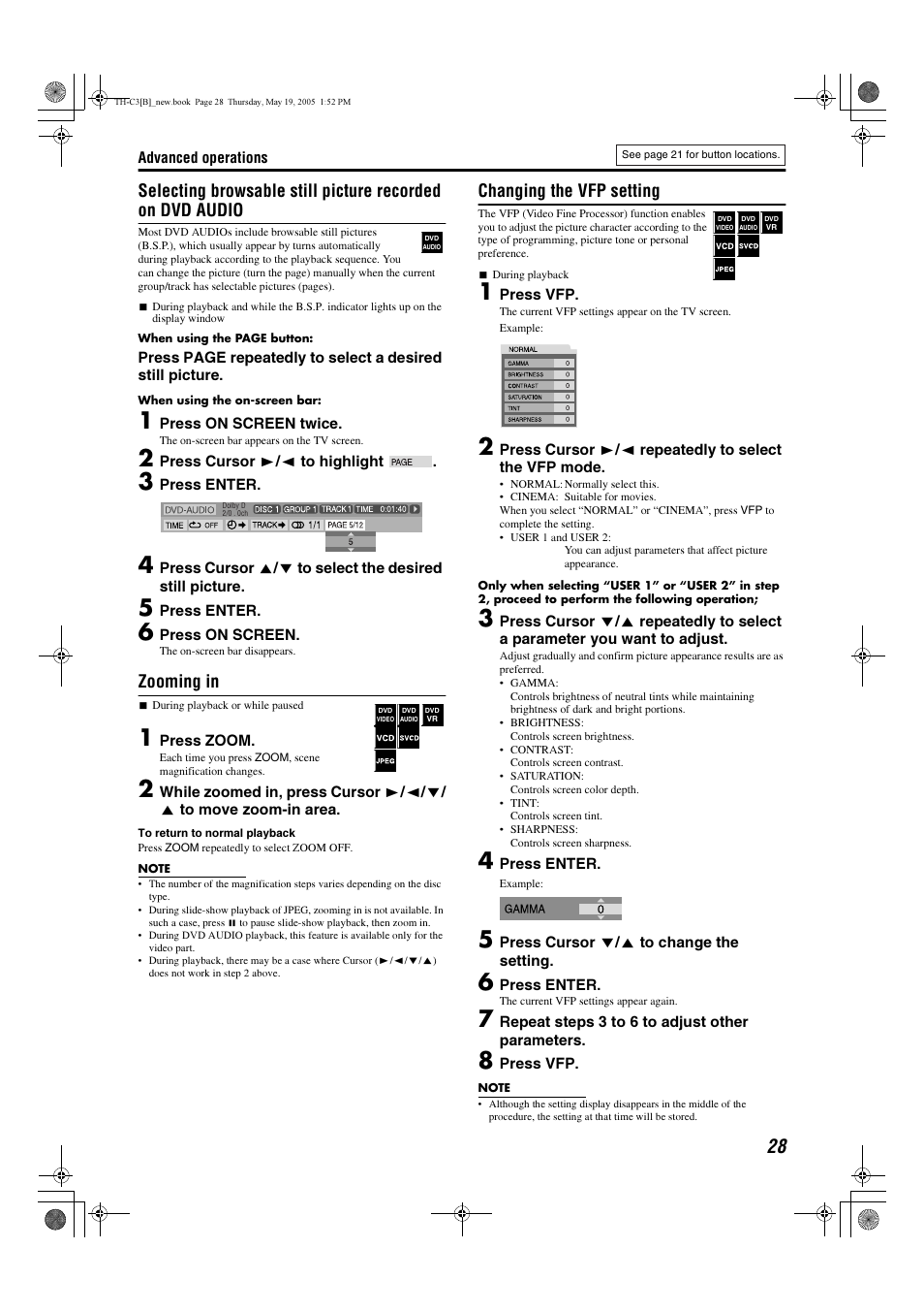 Zooming in, Changing the vfp setting | JVC SP-PWC3 User Manual | Page 31 / 44