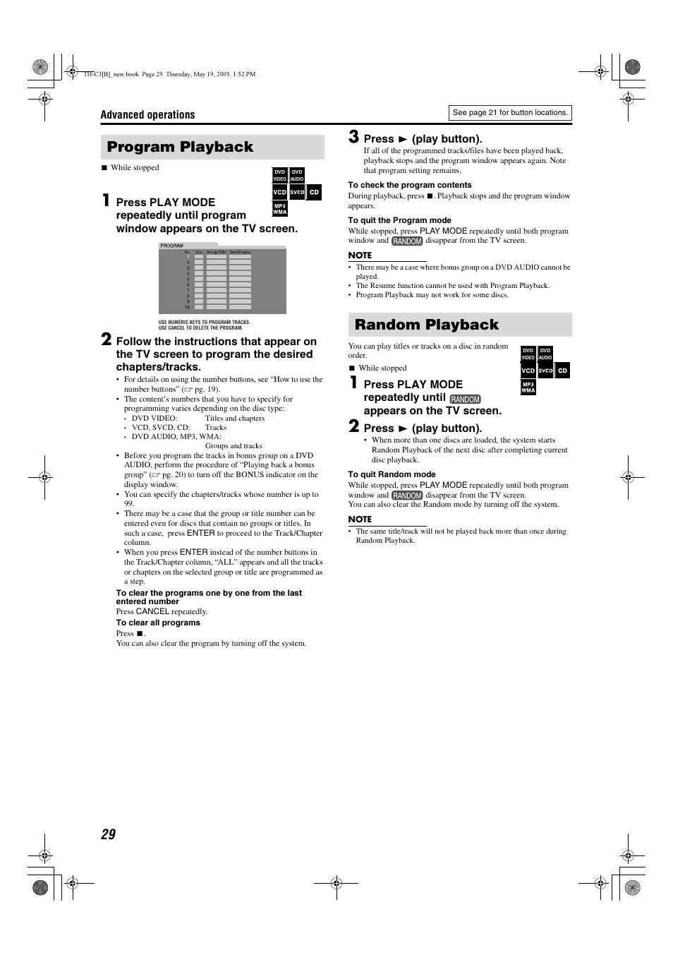 Program playback, Random playback | JVC SP-PWC3 User Manual | Page 32 / 44