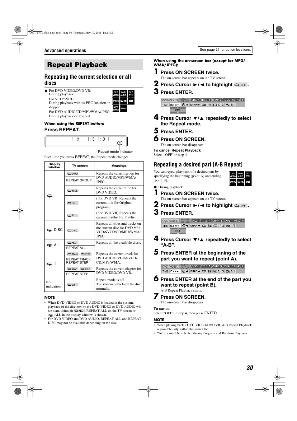 Repeat playback, Repeating the current selection or all discs, Repeating a desired part [a-b repeat | JVC SP-PWC3 User Manual | Page 33 / 44