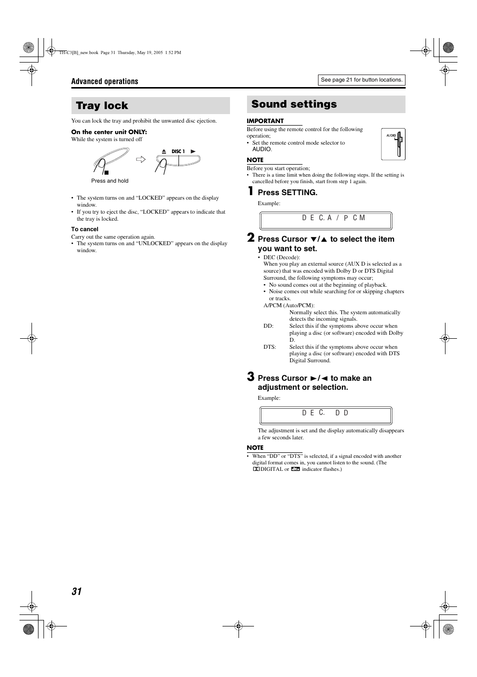 Tray lock, Sound settings | JVC SP-PWC3 User Manual | Page 34 / 44