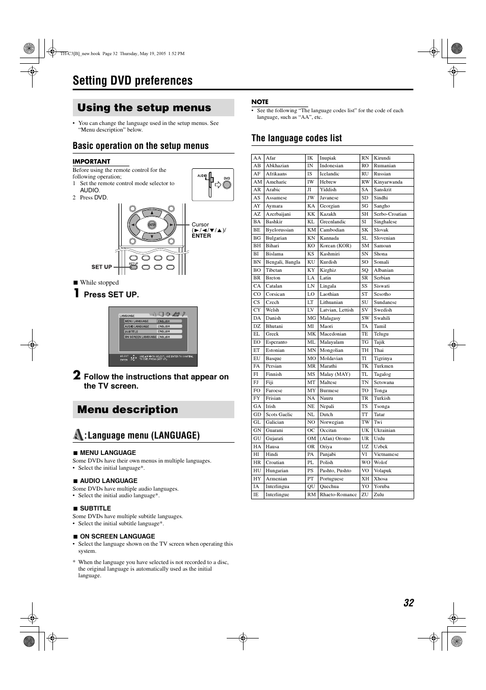 Setting dvd preferences, Using the setup menus menu description, Basic operation on the setup menus | Language menu (language), The language codes list, Press set up | JVC SP-PWC3 User Manual | Page 35 / 44