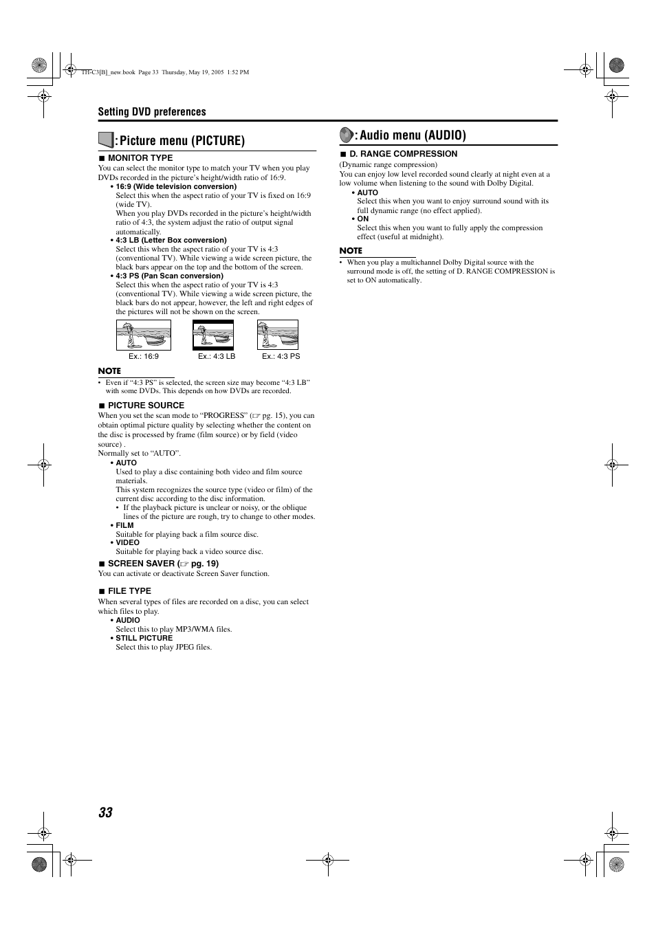 Picture menu (picture), Audio menu (audio) | JVC SP-PWC3 User Manual | Page 36 / 44
