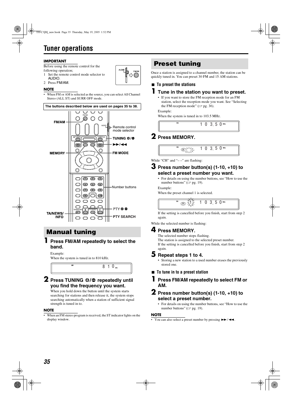 Tuner operations, Manual tuning, Preset tuning | JVC SP-PWC3 User Manual | Page 38 / 44