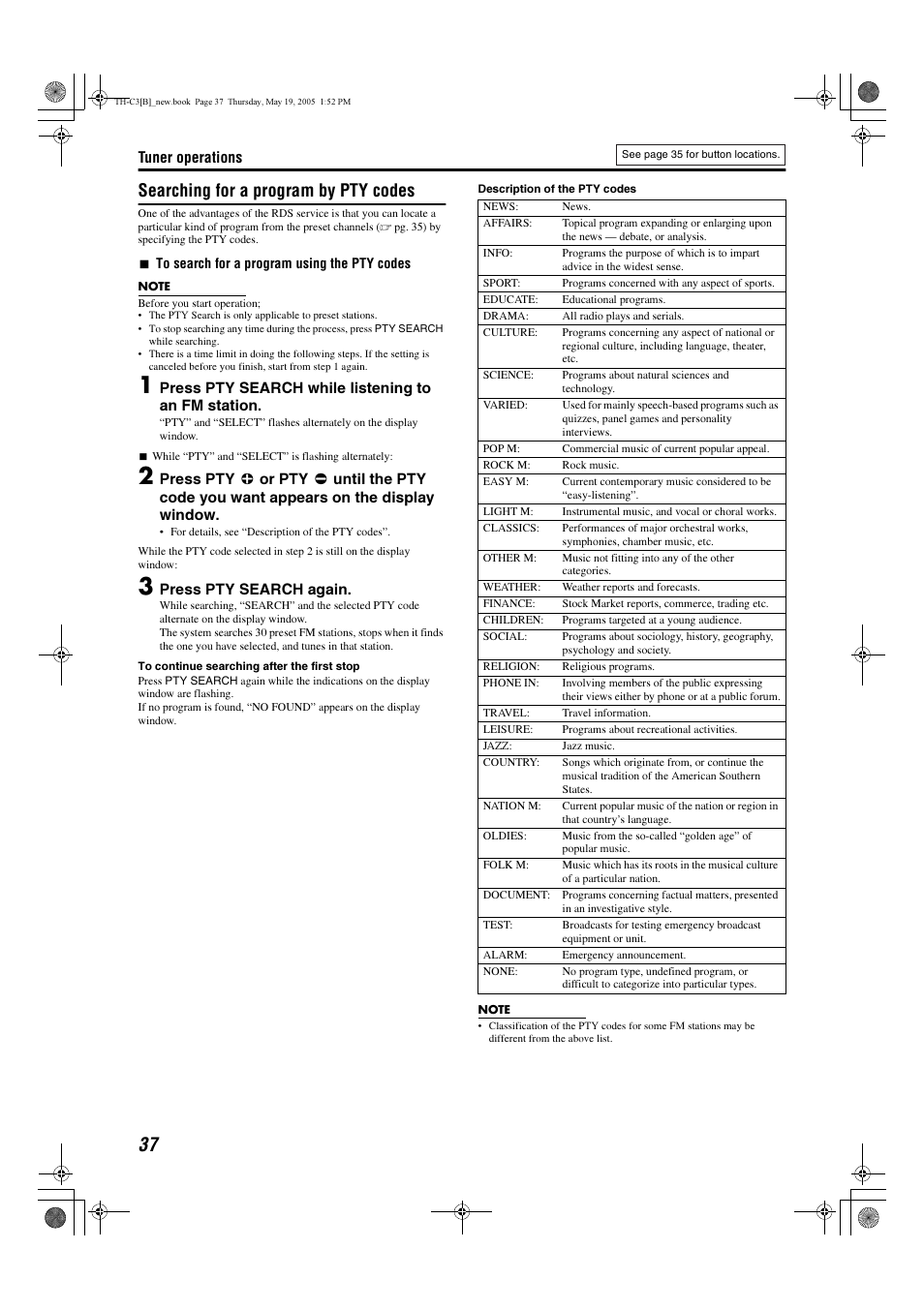 Searching for a program by pty codes | JVC SP-PWC3 User Manual | Page 40 / 44