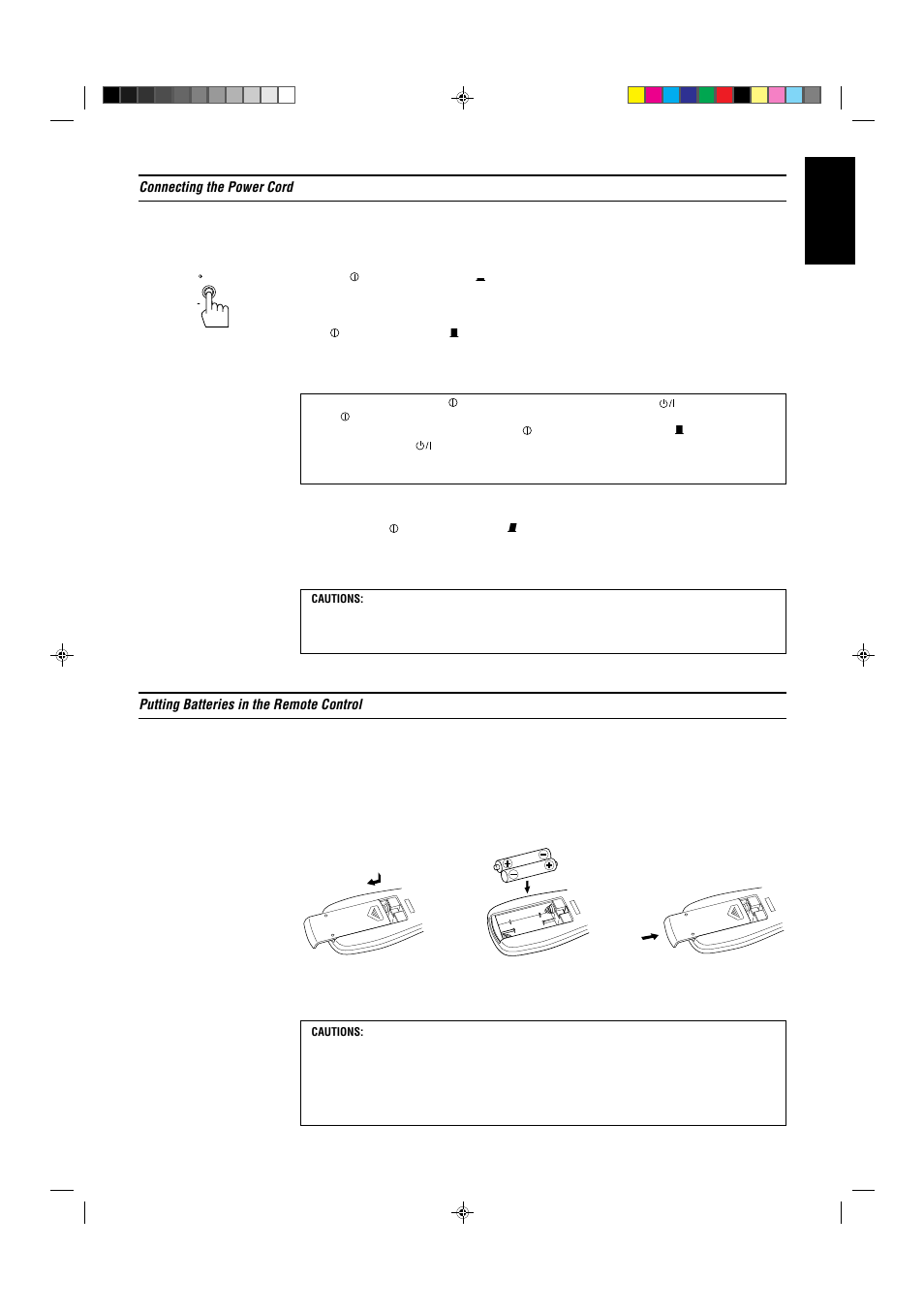 English, Connecting the power cord, Putting batteries in the remote control | JVC AX-V5BK User Manual | Page 13 / 34