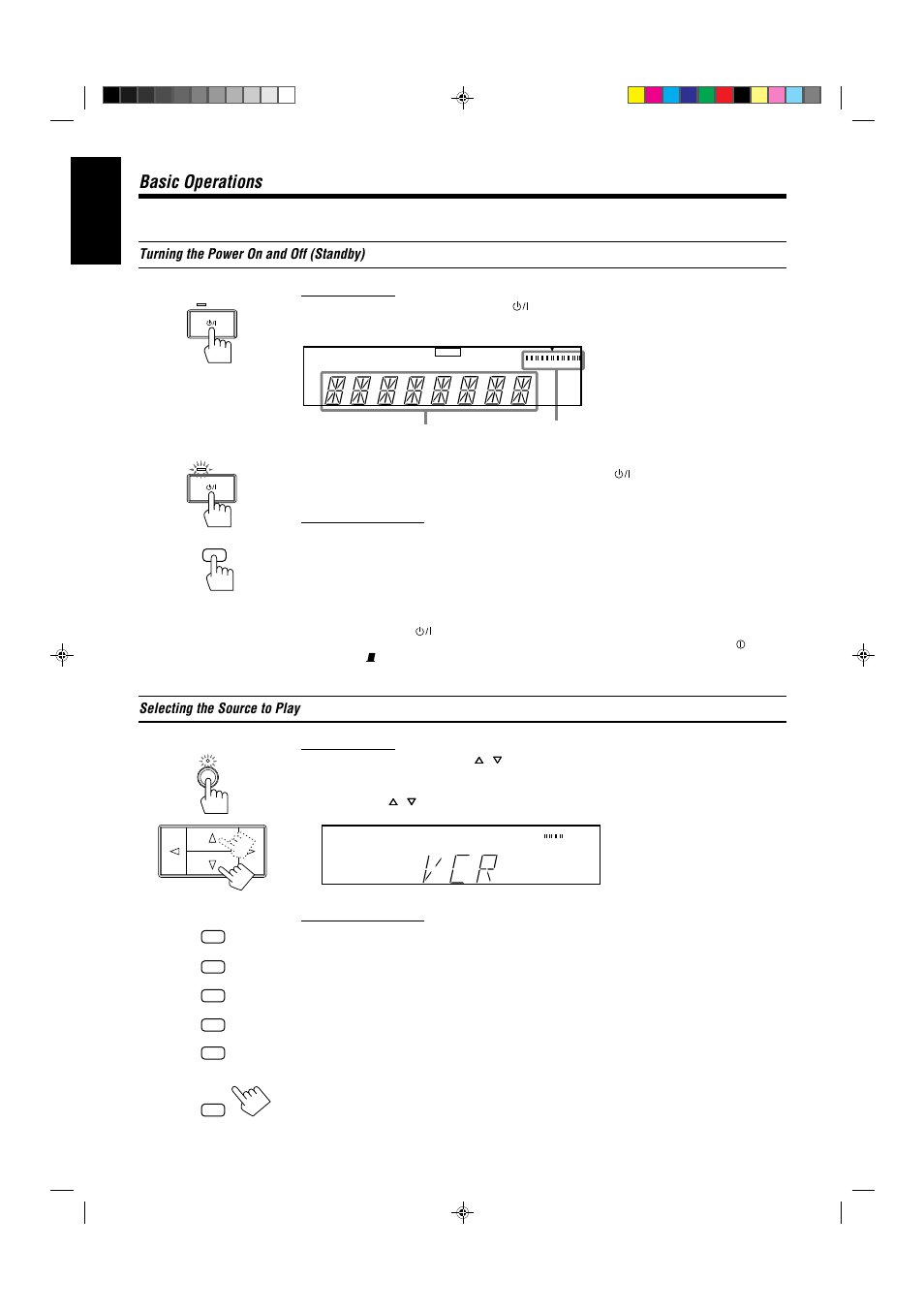 Basic operations, English, Turning the power on and off (standby) | Selecting the source to play | JVC AX-V5BK User Manual | Page 14 / 34