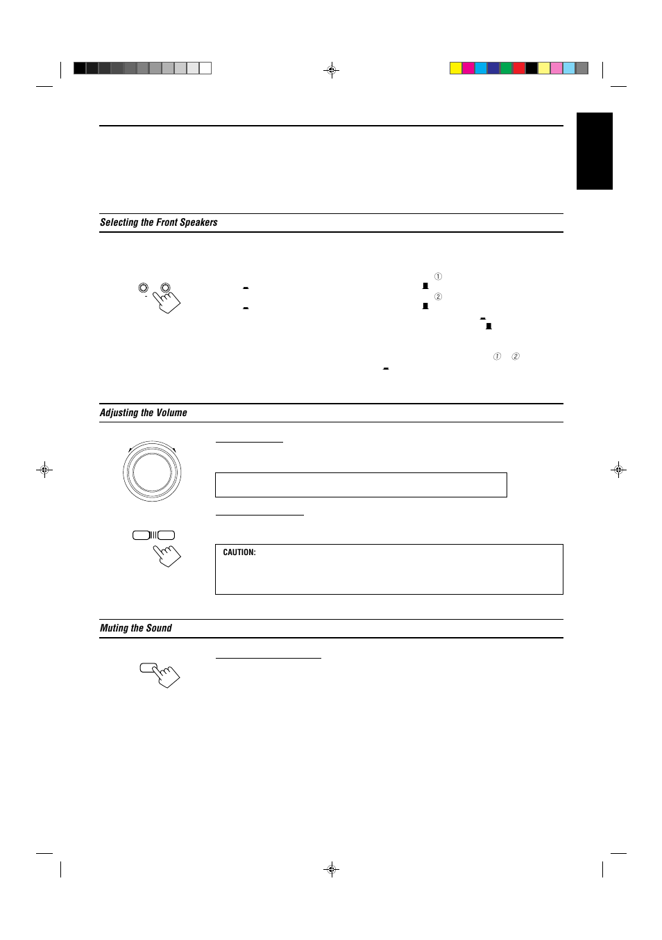 English, Selecting the front speakers, Adjusting the volume | Muting the sound | JVC AX-V5BK User Manual | Page 15 / 34