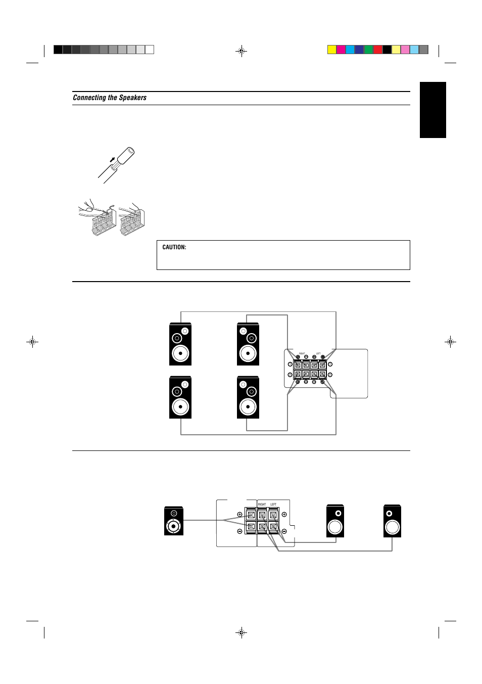 English, Connecting the speakers, Page 4 | Connecting the front speakers, Connecting the rear and center speakers | JVC AX-V5BK User Manual | Page 9 / 34