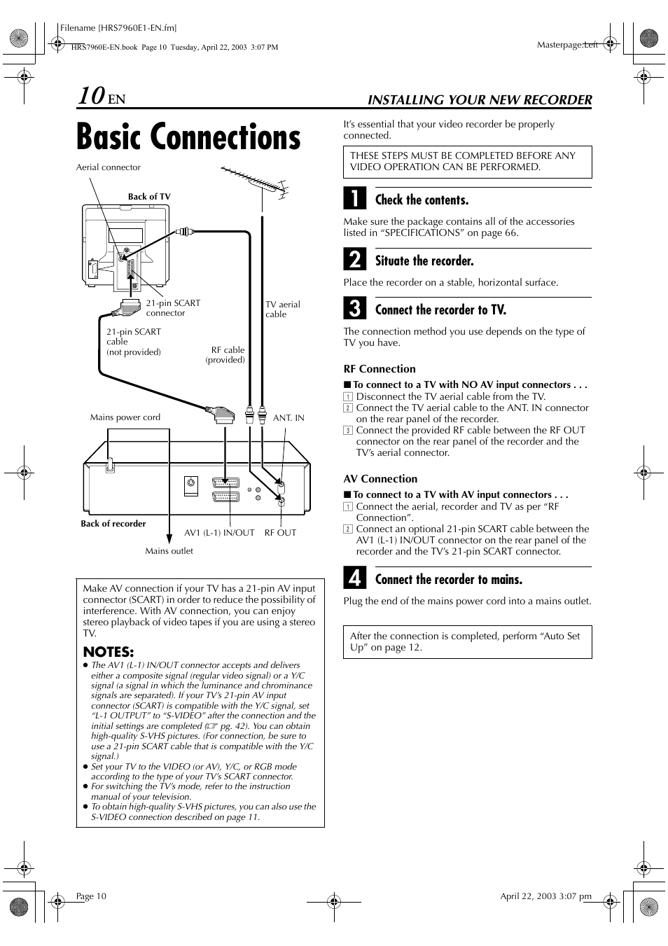 Installing your new recorder, Basic connections | JVC HR-S7960E User Manual | Page 10 / 68