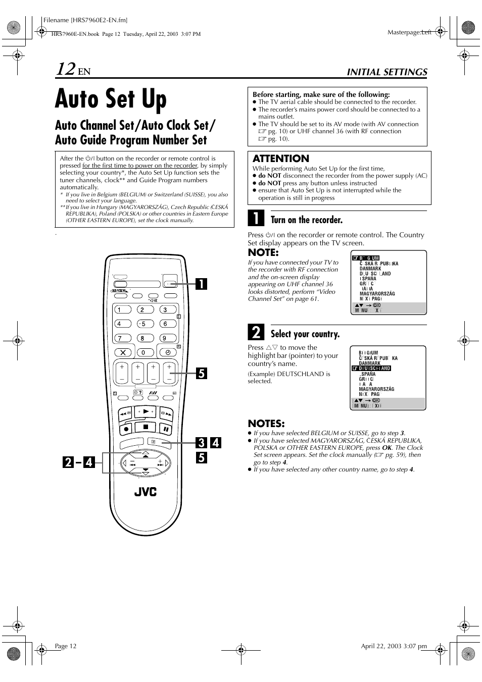 Initial settings, Auto set up | JVC HR-S7960E User Manual | Page 12 / 68