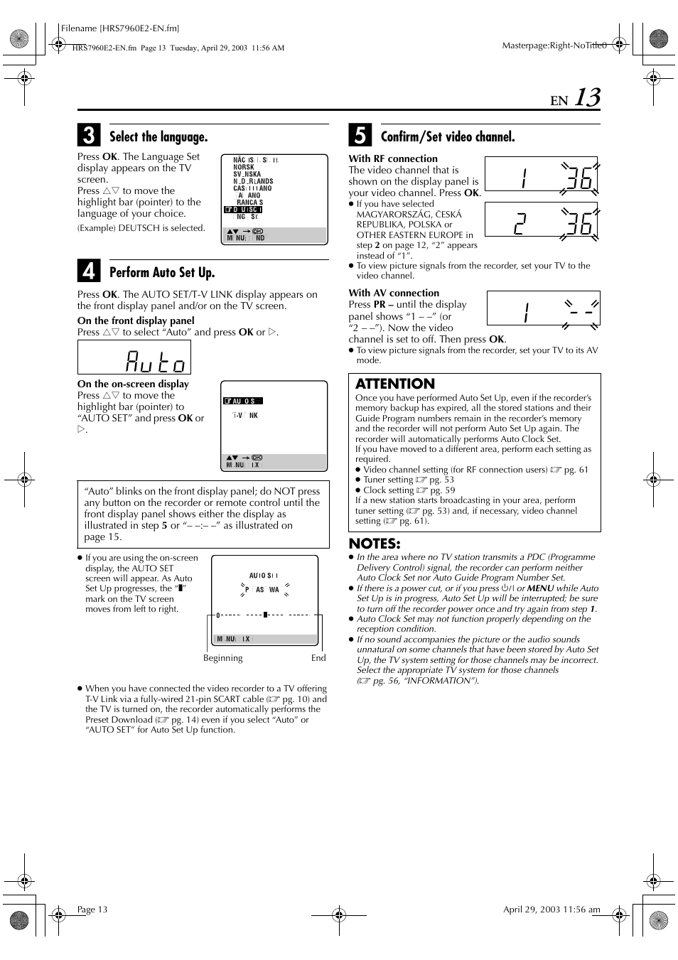 Select the language, Perform auto set up, Confirm/set video channel | Attention | JVC HR-S7960E User Manual | Page 13 / 68