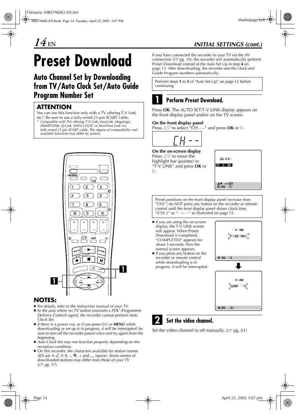 Preset download, Initial settings (cont.), Perform preset download | Set the video channel, Attention | JVC HR-S7960E User Manual | Page 14 / 68