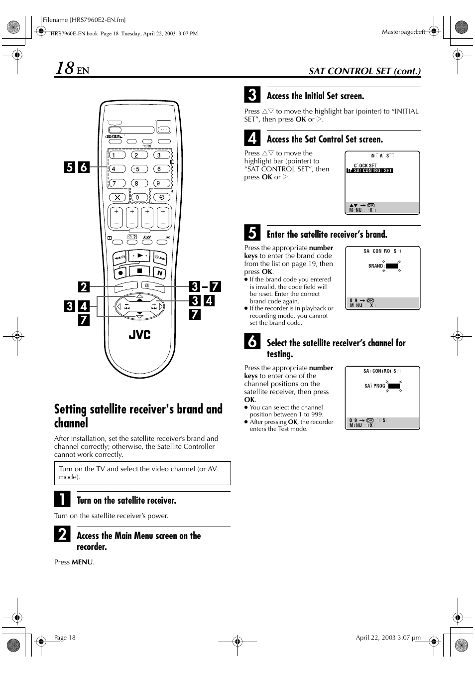 Setting satellite receiver's brand and channel | JVC HR-S7960E User Manual | Page 18 / 68