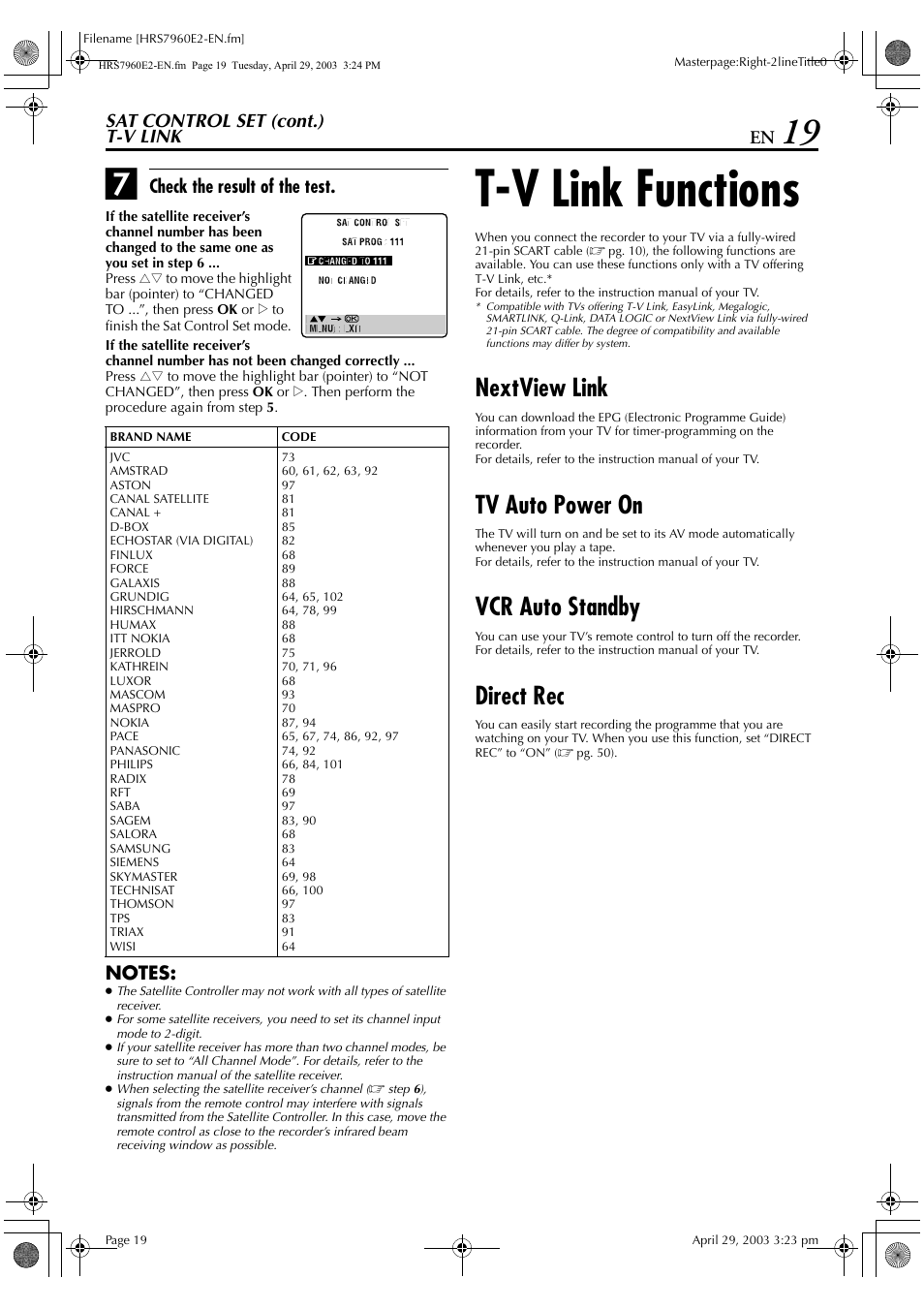 T-v link, T-v link functions, Nextview link | Tv auto power on, Vcr auto standby, Direct rec | JVC HR-S7960E User Manual | Page 19 / 68