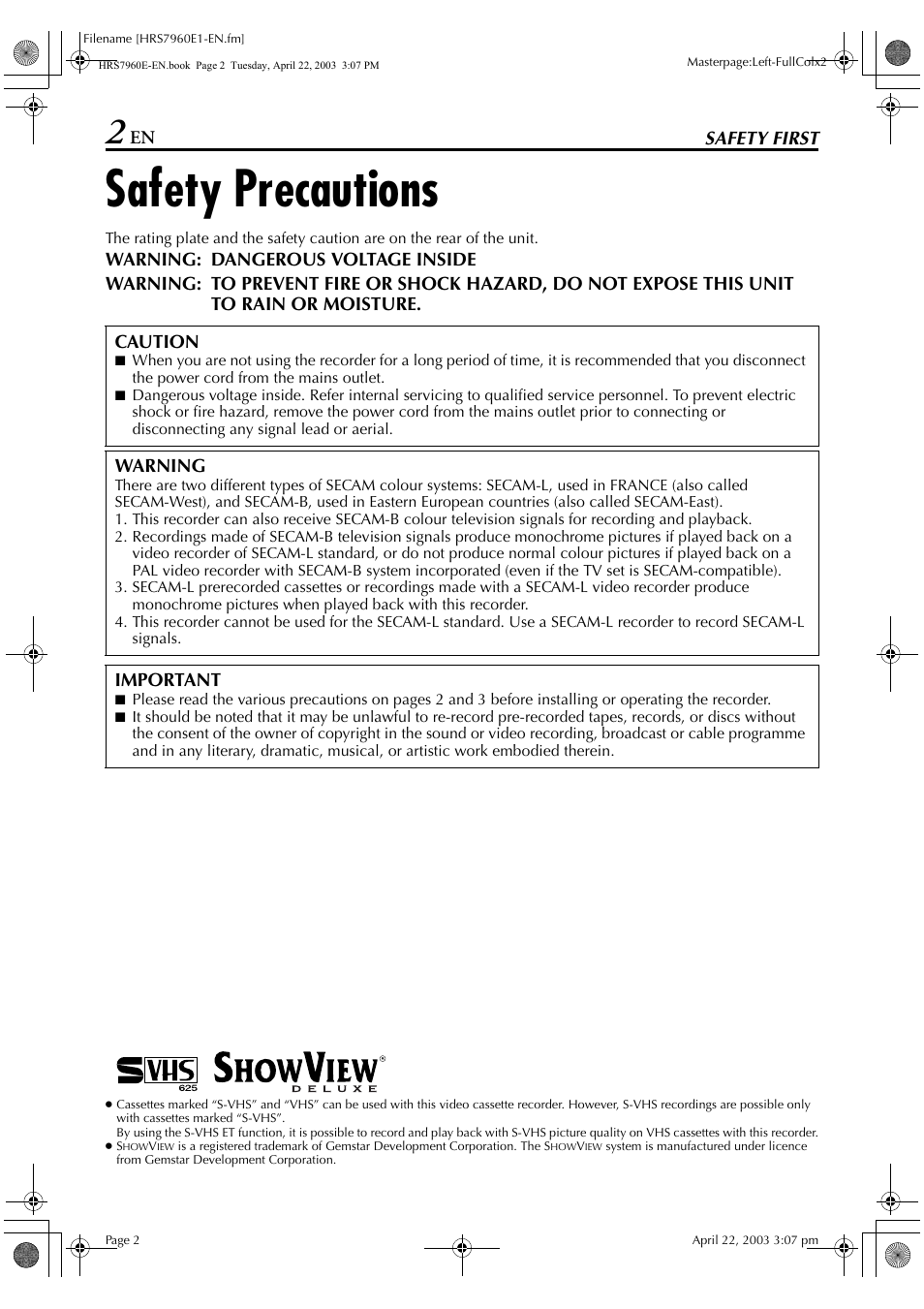 Safety first, Safety precautions | JVC HR-S7960E User Manual | Page 2 / 68