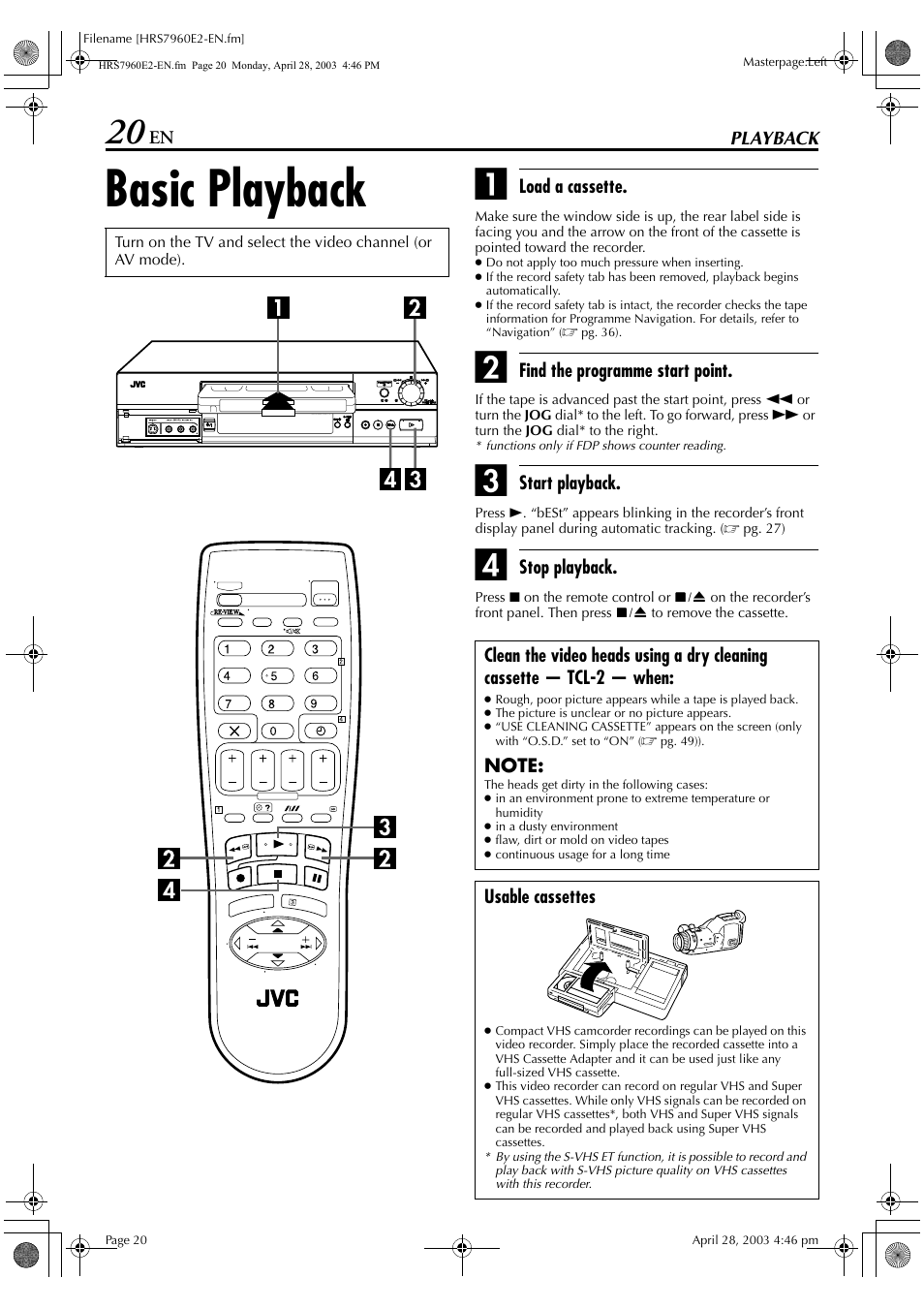 Playback, Basic playback | JVC HR-S7960E User Manual | Page 20 / 68