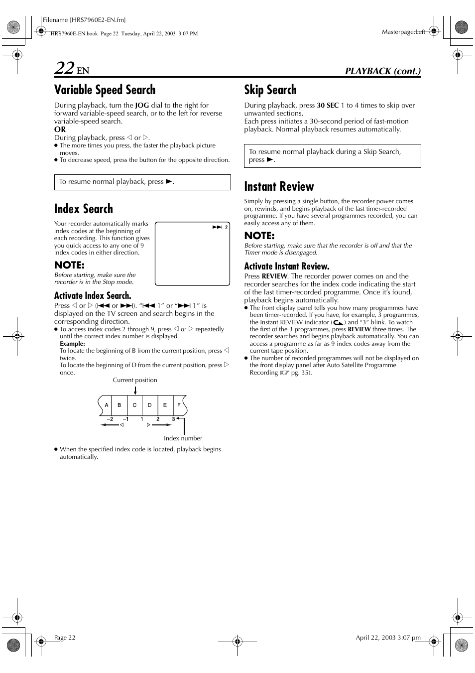Variable speed search, Index search, Skip search | Instant review, Playback (cont.), Activate index search, Activate instant review | JVC HR-S7960E User Manual | Page 22 / 68