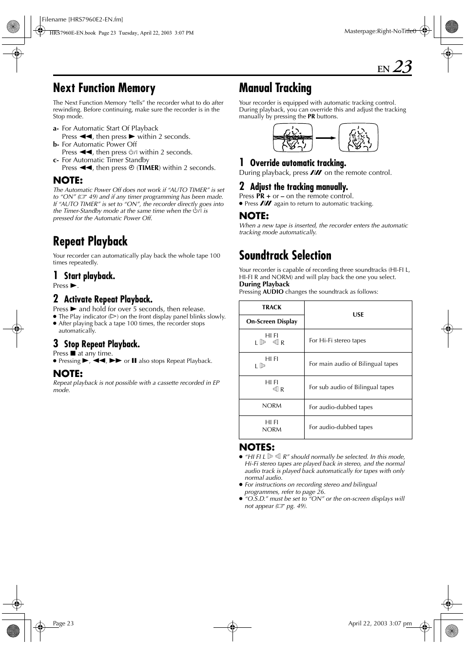 Repeat playback, Manual tracking, Soundtrack selection | Start playback, Activate repeat playback, Stop repeat playback, Override automatic tracking, Adjust the tracking manually | JVC HR-S7960E User Manual | Page 23 / 68