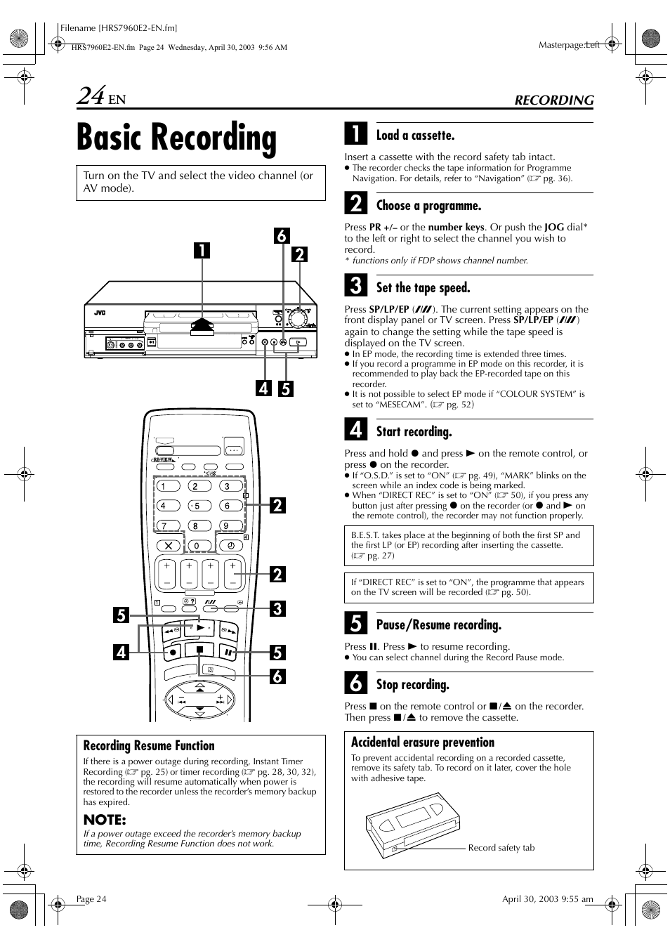 Recording, Basic recording | JVC HR-S7960E User Manual | Page 24 / 68