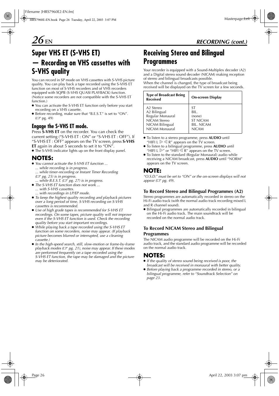 Receiving stereo and bilingual programmes, Recording (cont.), Engage the s-vhs et mode | JVC HR-S7960E User Manual | Page 26 / 68