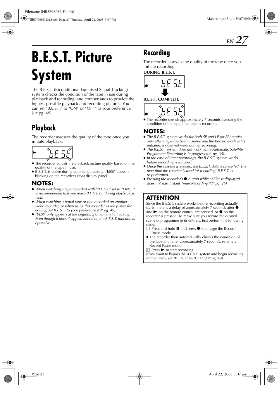 B.e.s.t. picture system, Playback, Recording | Attention | JVC HR-S7960E User Manual | Page 27 / 68