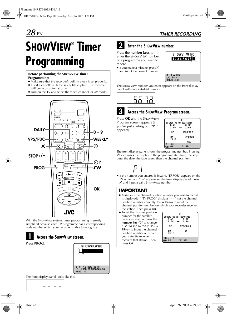Timer recording, Timer programming | JVC HR-S7960E User Manual | Page 28 / 68