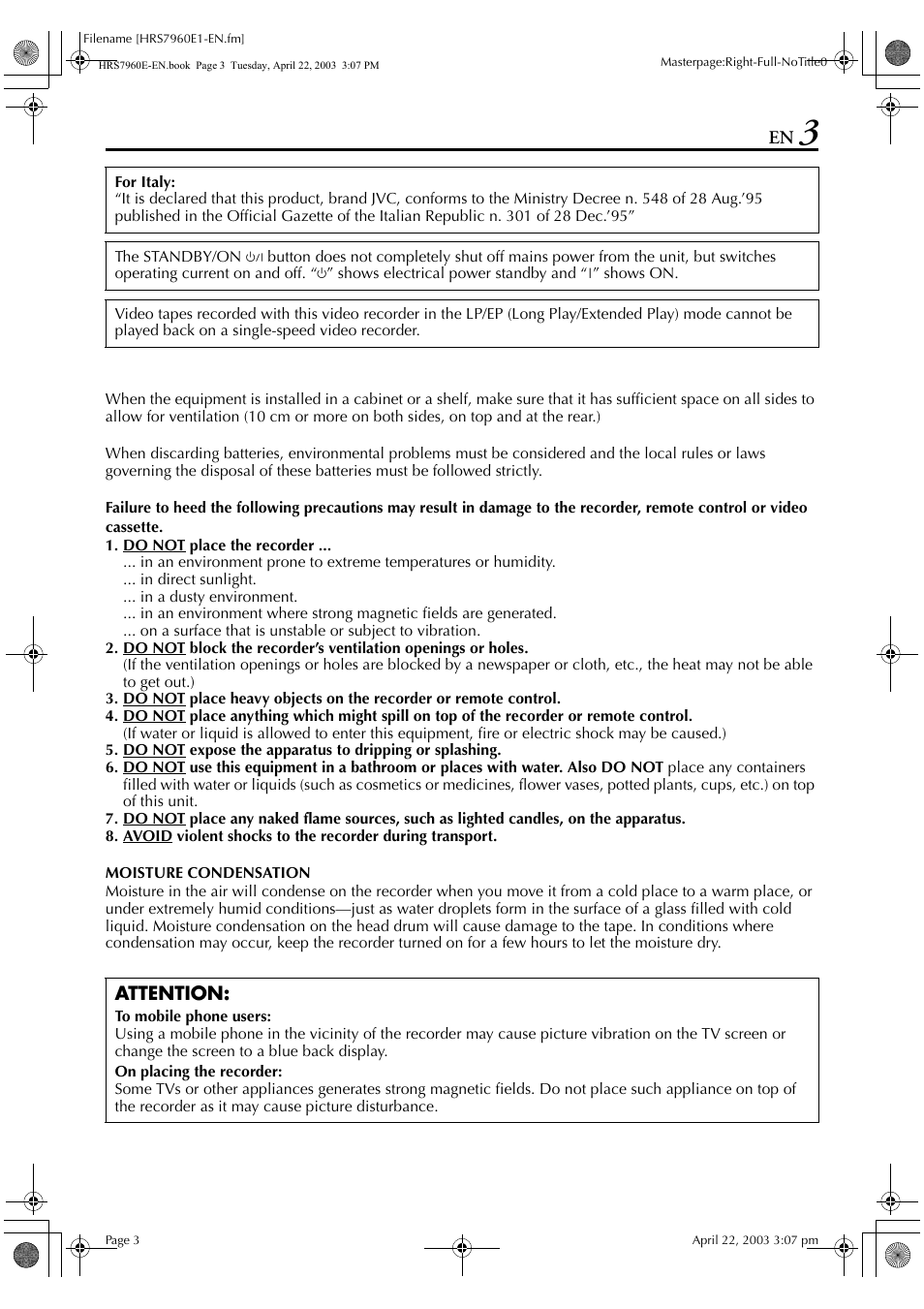 Attention | JVC HR-S7960E User Manual | Page 3 / 68