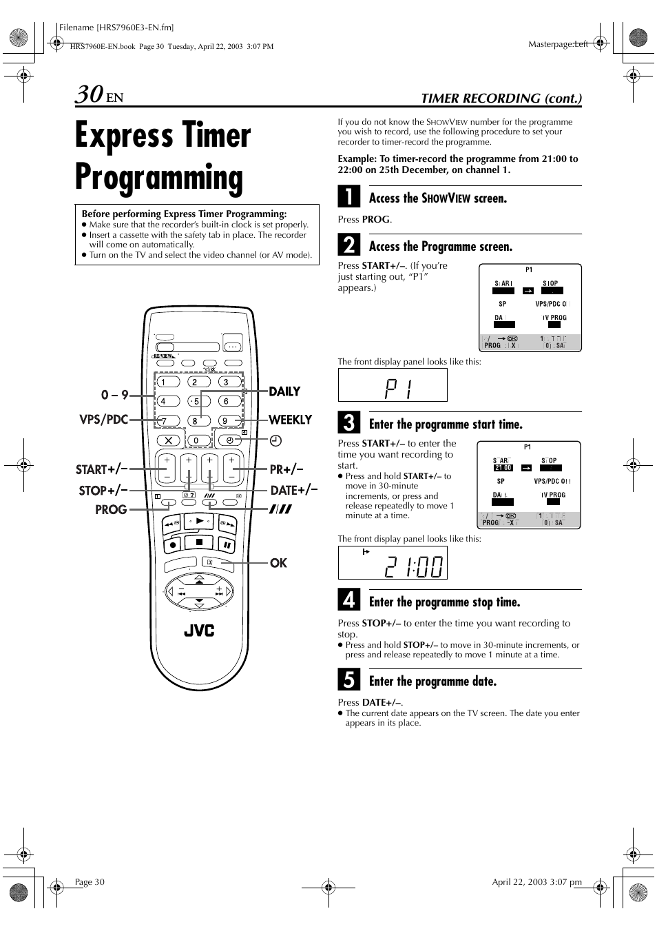 Express timer programming | JVC HR-S7960E User Manual | Page 30 / 68
