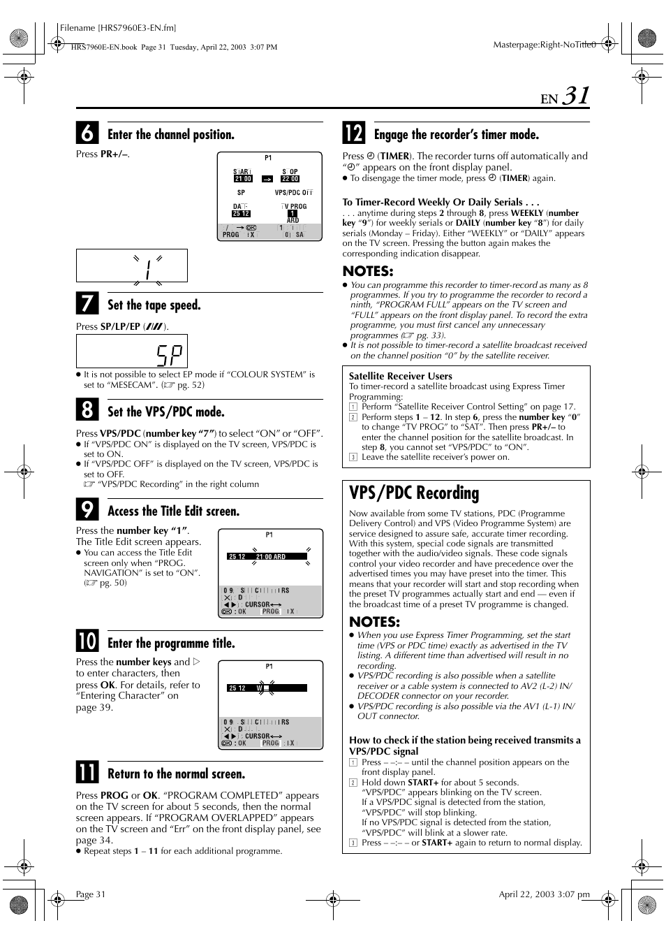 Vps/pdc recording | JVC HR-S7960E User Manual | Page 31 / 68