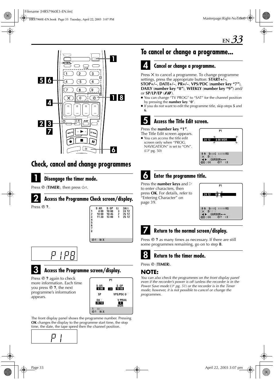 Check, cancel and change programmes | JVC HR-S7960E User Manual | Page 33 / 68