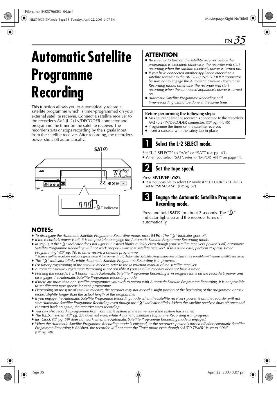 Automatic satellite programme recording, Select the l-2 select mode, Set the tape speed | Attention | JVC HR-S7960E User Manual | Page 35 / 68