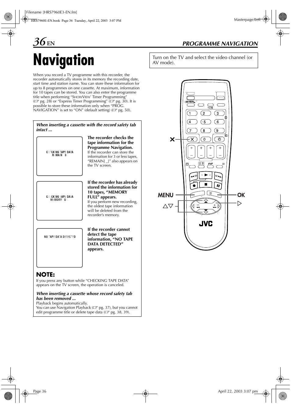 Programme navigation, Navigation | JVC HR-S7960E User Manual | Page 36 / 68