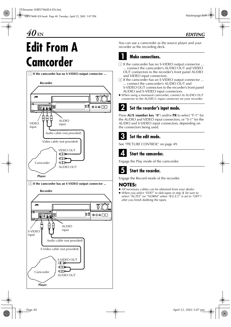 Editing, Edit from a camcorder | JVC HR-S7960E User Manual | Page 40 / 68