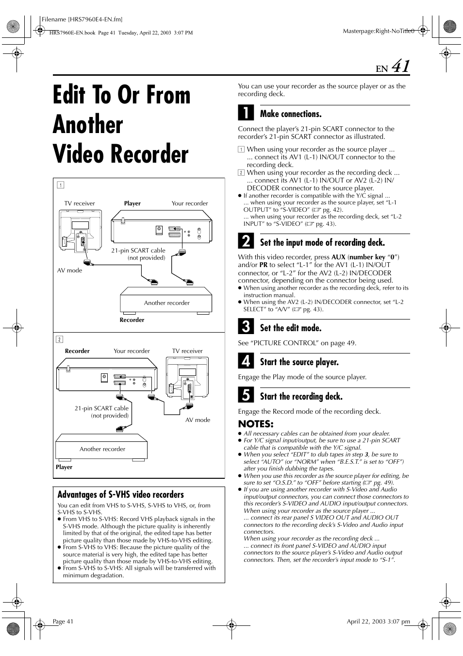 Edit to or from another video recorder | JVC HR-S7960E User Manual | Page 41 / 68