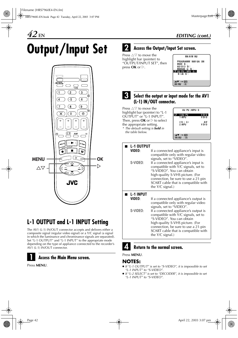Output/input set, L-1 output and l-1 input setting | JVC HR-S7960E User Manual | Page 42 / 68