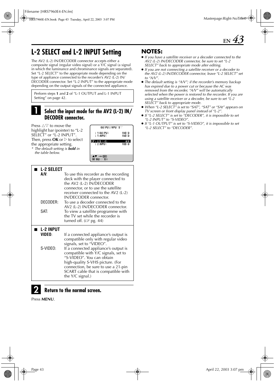 L-2 select and l-2 input setting, Return to the normal screen | JVC HR-S7960E User Manual | Page 43 / 68