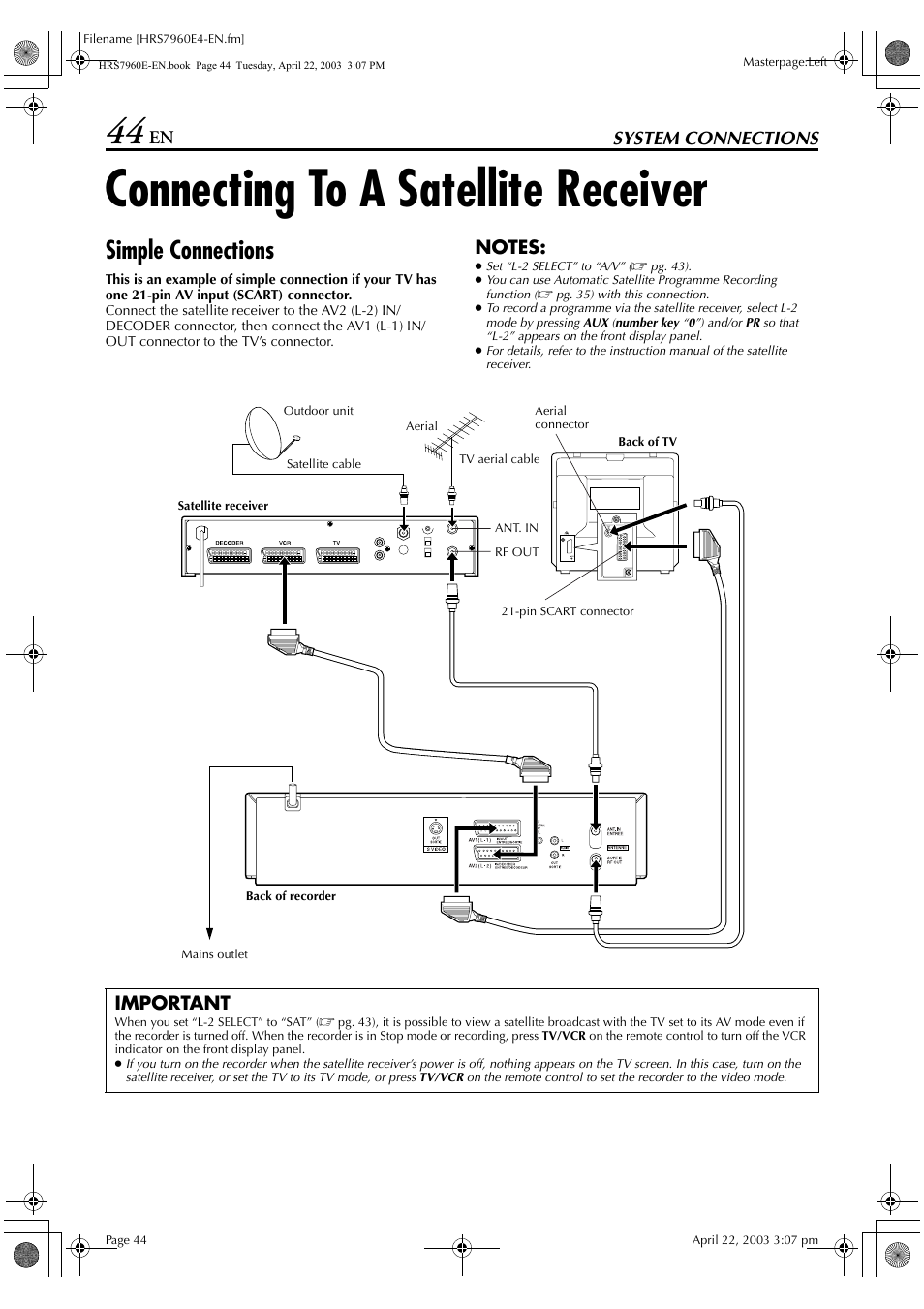 System connections, Connecting to a satellite receiver, Simple connections | Important | JVC HR-S7960E User Manual | Page 44 / 68