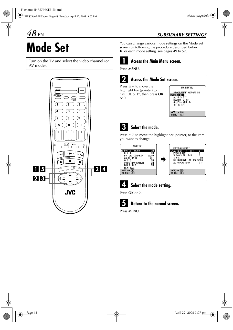 Subsidiary settings, Mode set | JVC HR-S7960E User Manual | Page 48 / 68