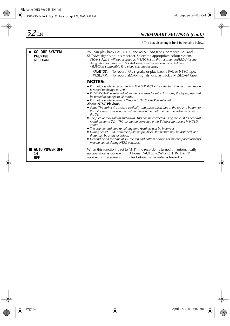 Subsidiary settings (cont.) | JVC HR-S7960E User Manual | Page 52 / 68