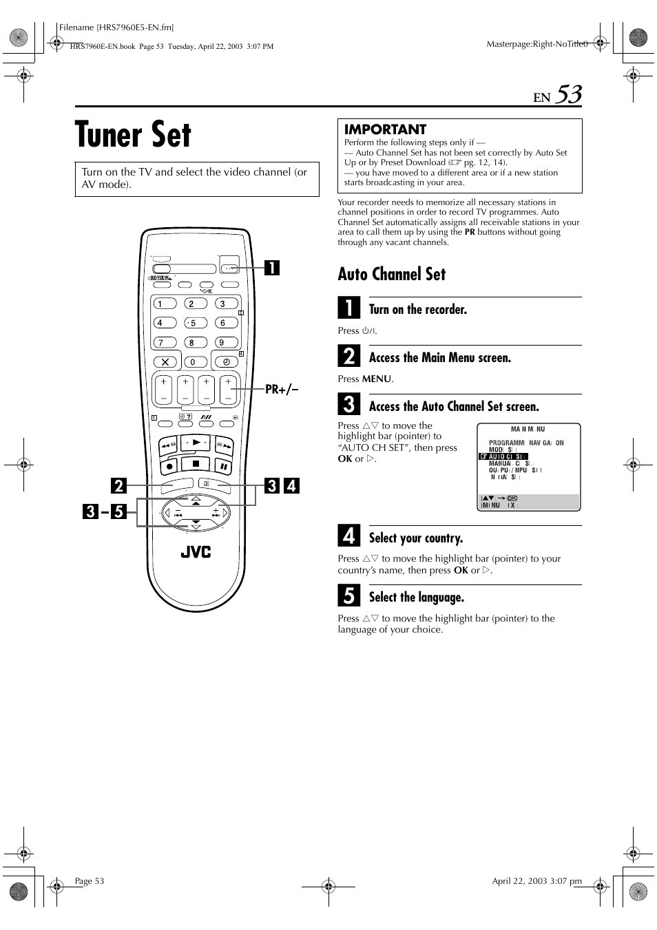 Tuner set, Auto channel set | JVC HR-S7960E User Manual | Page 53 / 68