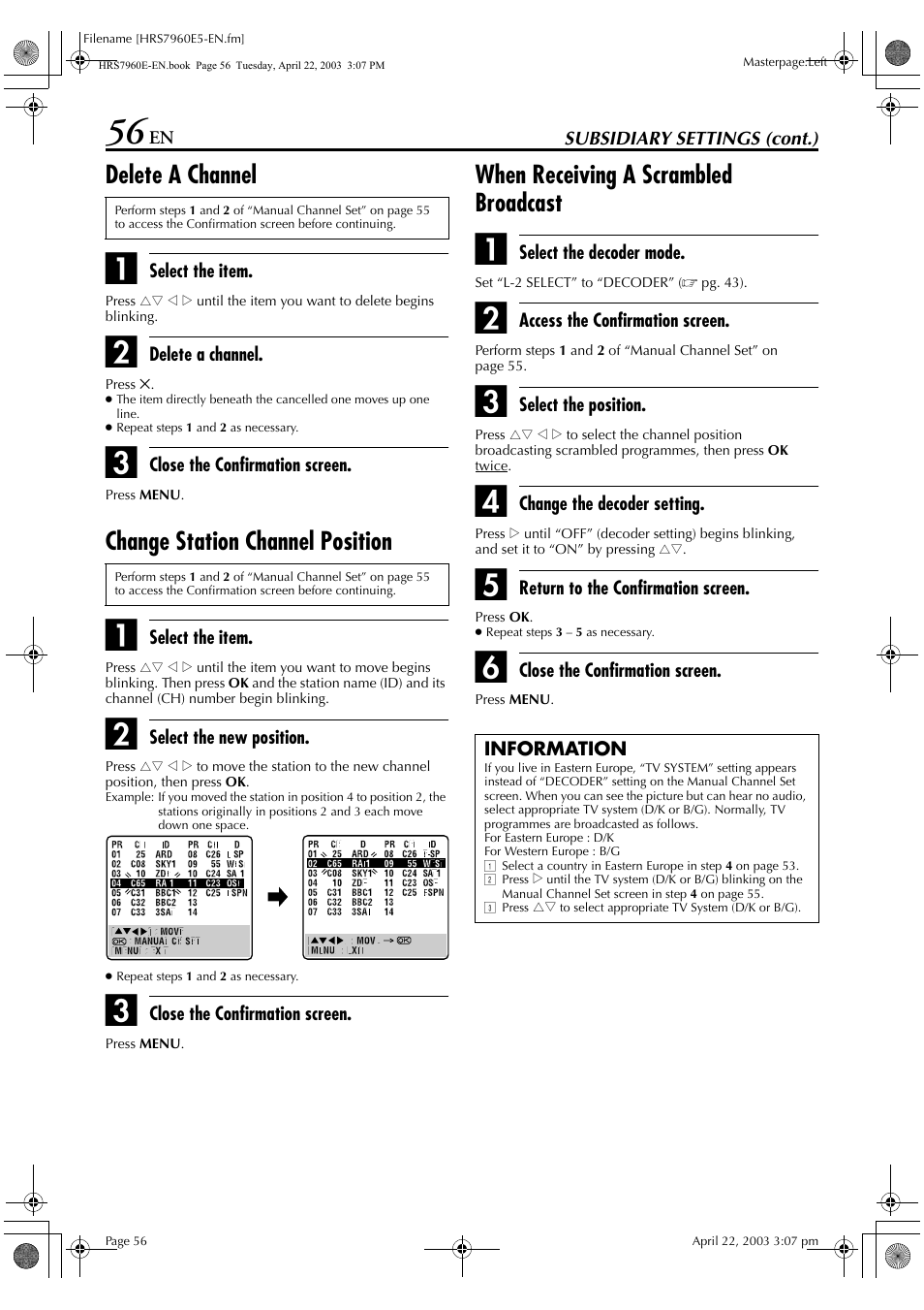 Delete a channel, Change station channel position, When receiving a scrambled broadcast | JVC HR-S7960E User Manual | Page 56 / 68