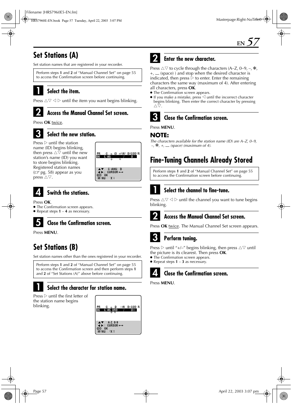 Set stations (a), Set stations (b), Fine-tuning channels already stored | JVC HR-S7960E User Manual | Page 57 / 68