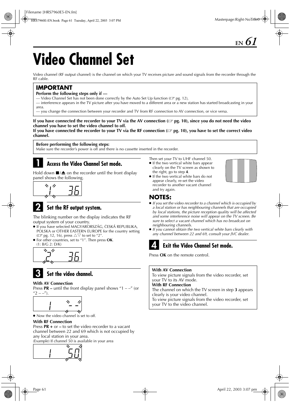 Video channel set | JVC HR-S7960E User Manual | Page 61 / 68