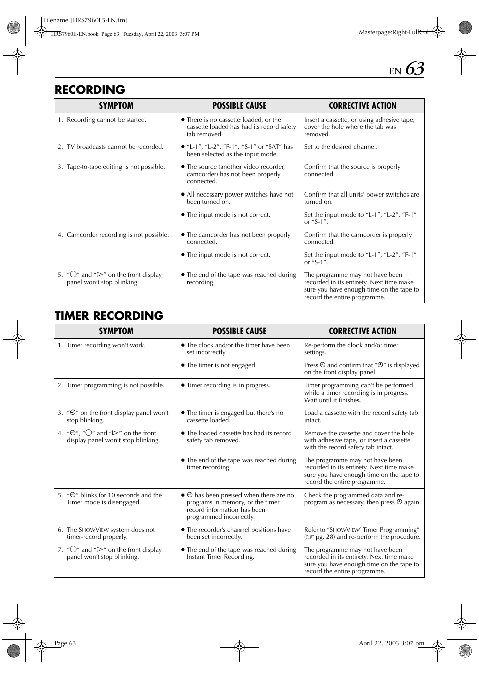 Recording timer recording, Symptom possible cause corrective action | JVC HR-S7960E User Manual | Page 63 / 68