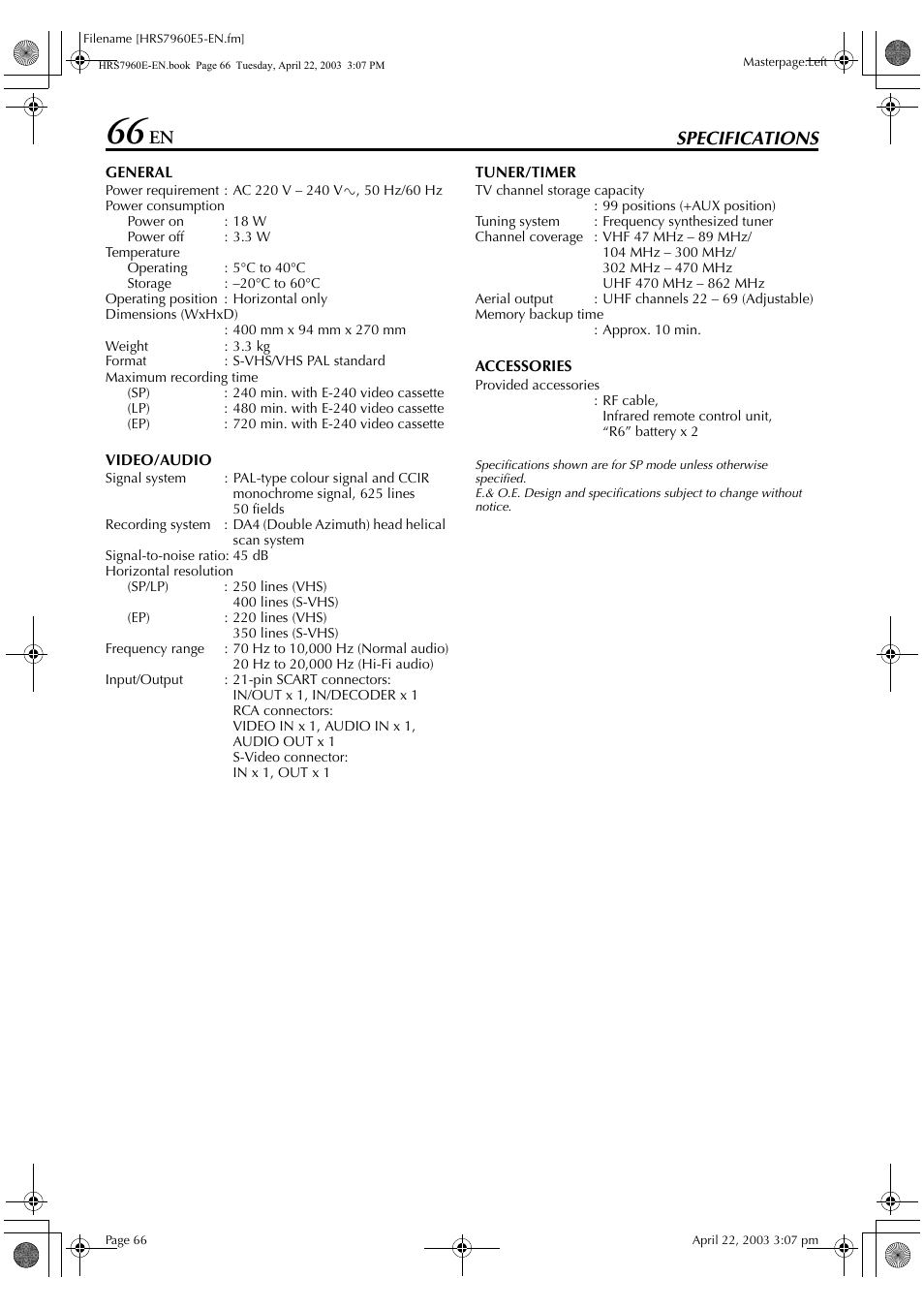 Specifications | JVC HR-S7960E User Manual | Page 66 / 68