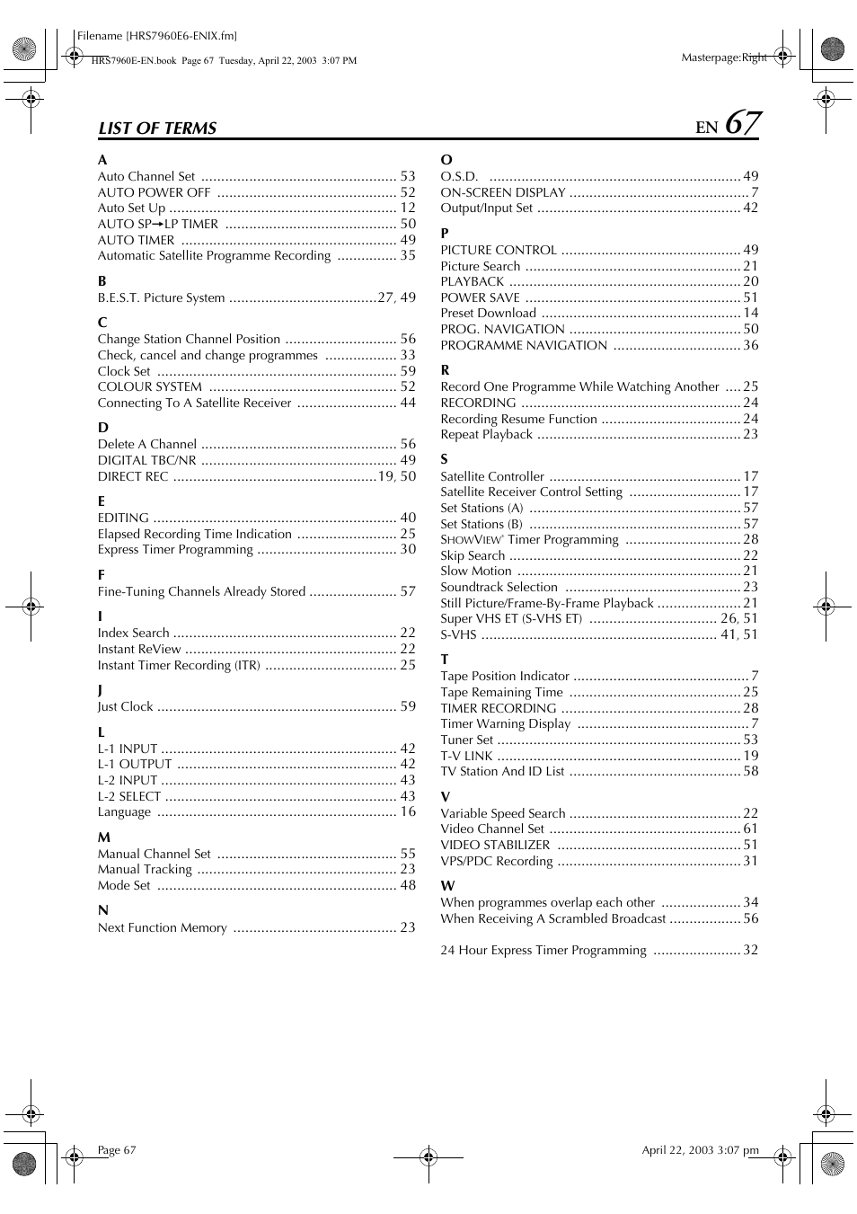 List of terms | JVC HR-S7960E User Manual | Page 67 / 68