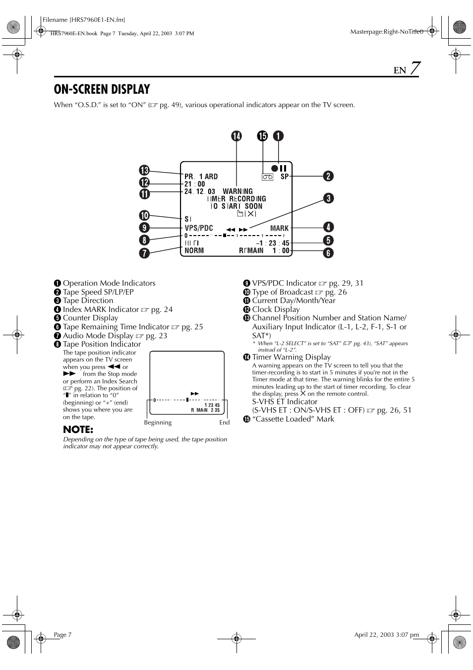 On-screen display | JVC HR-S7960E User Manual | Page 7 / 68