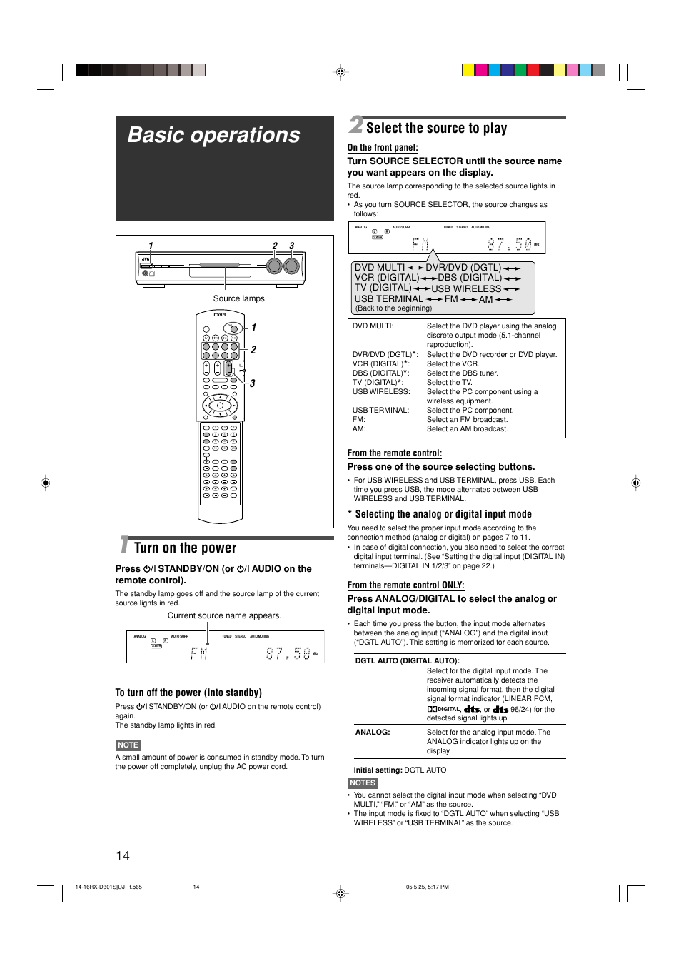 Basic operations, Select the source to play, Turn on the power | Selecting the analog or digital input mode | JVC LVT1321-010C User Manual | Page 16 / 45