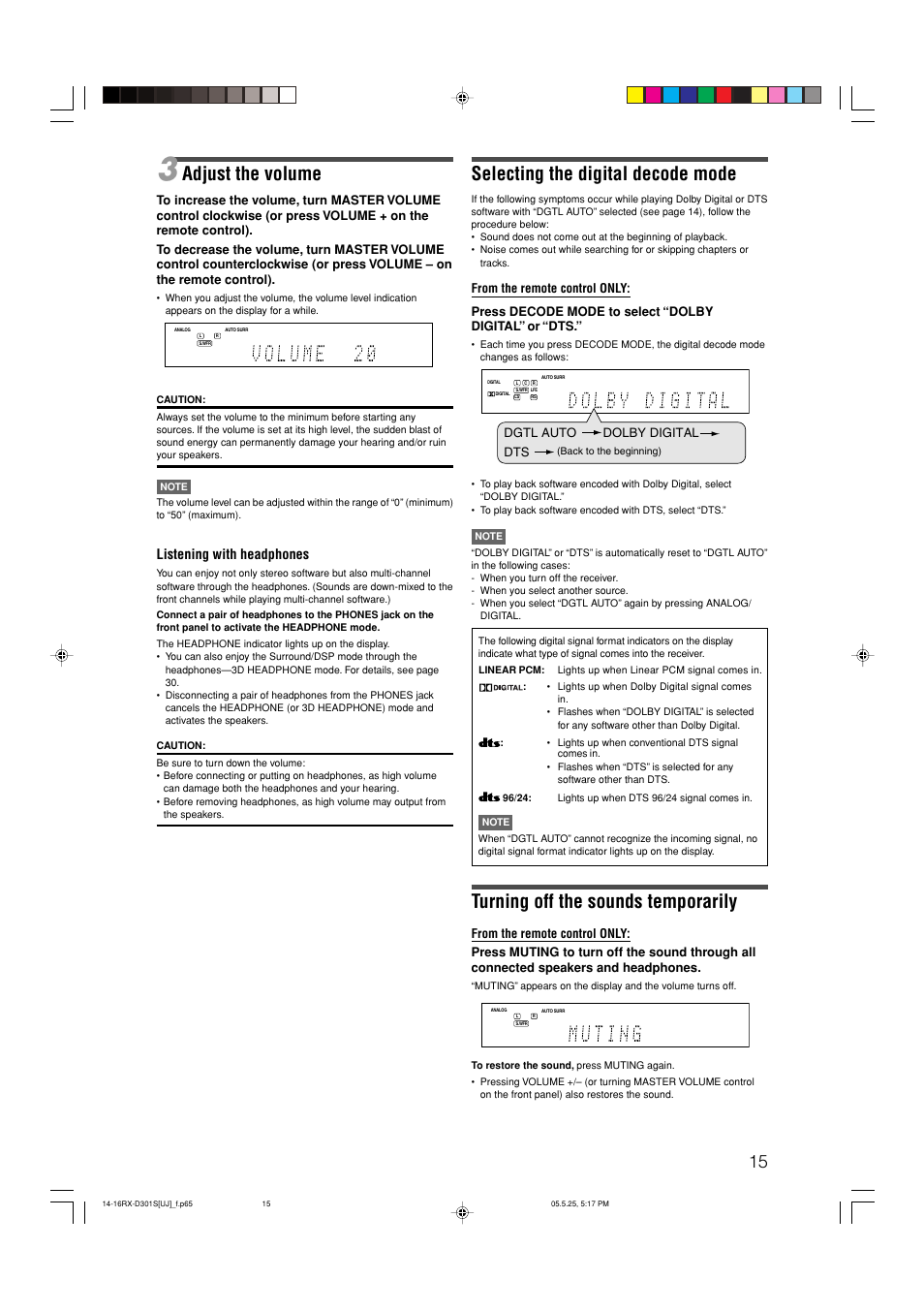 Selecting the digital decode mode, Turning off the sounds temporarily, Adjust the volume | Listening with headphones | JVC LVT1321-010C User Manual | Page 17 / 45