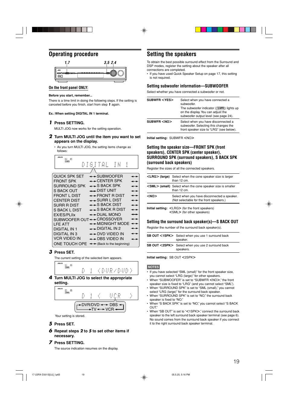 Operating procedure, Setting the speakers | JVC LVT1321-010C User Manual | Page 21 / 45